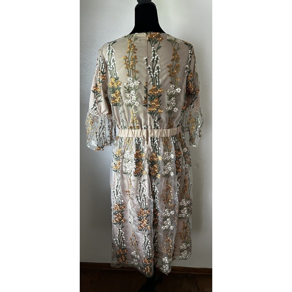 Bohme Floral Embroidered Sheer Lined Fit & Flair Midi Dress Boho Romantic Size L - Picture 5 of 12